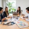 Equipo de una agencia de publicidad revisando propuestas y muestras de material promocional