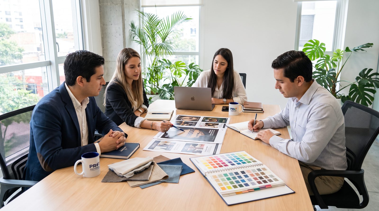 Equipo de una agencia de publicidad revisando propuestas y muestras de material promocional