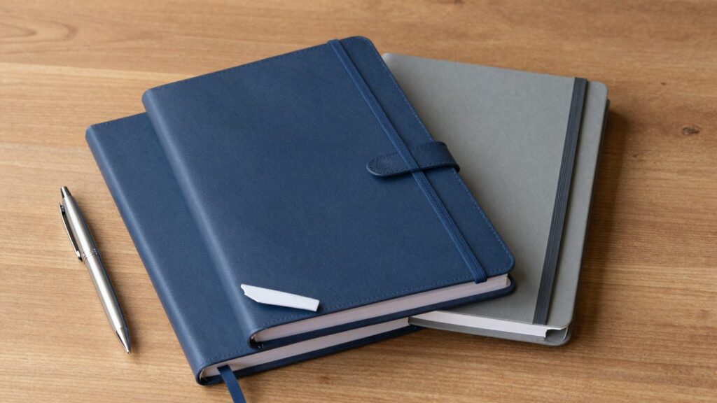 Agendas y libretas corporativas de tapa dura apiladas sobre un escritorio de madera