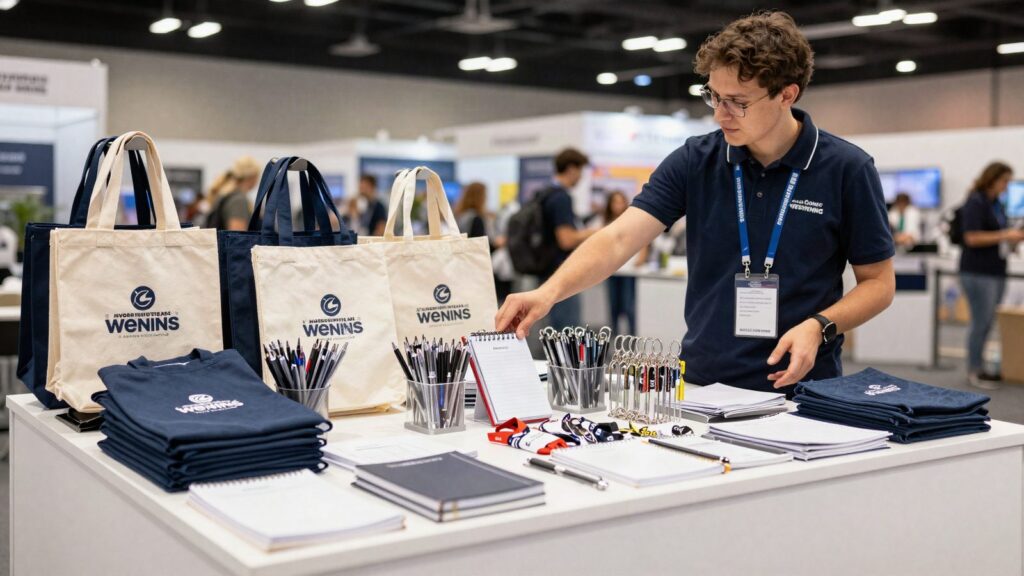 Mostrador de un stand de feria con bolsas, boligrafos, libretas y llaveros ordenados en filas
