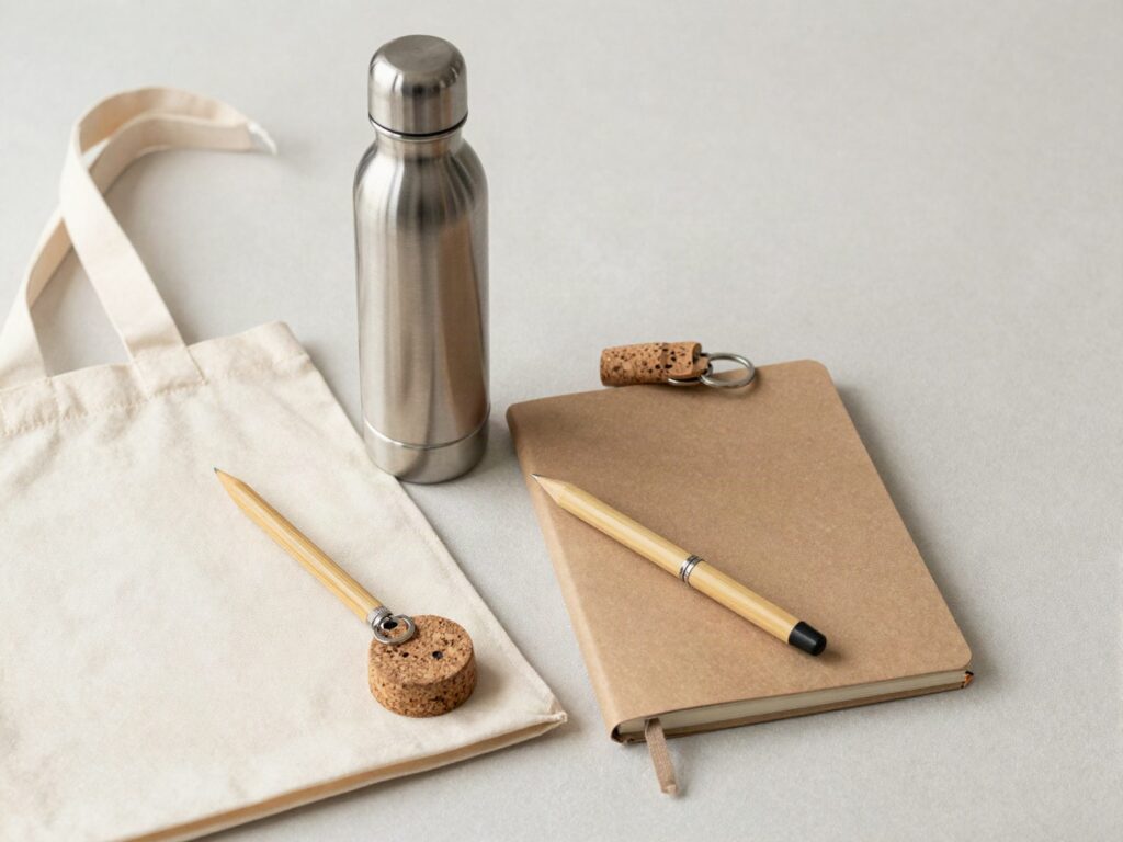 Articulos promocionales ecologicos sobre lino claro: bolsa de algodon, botella de acero, libreta de papel reciclado, boligrafo de bambu y llavero de corcho