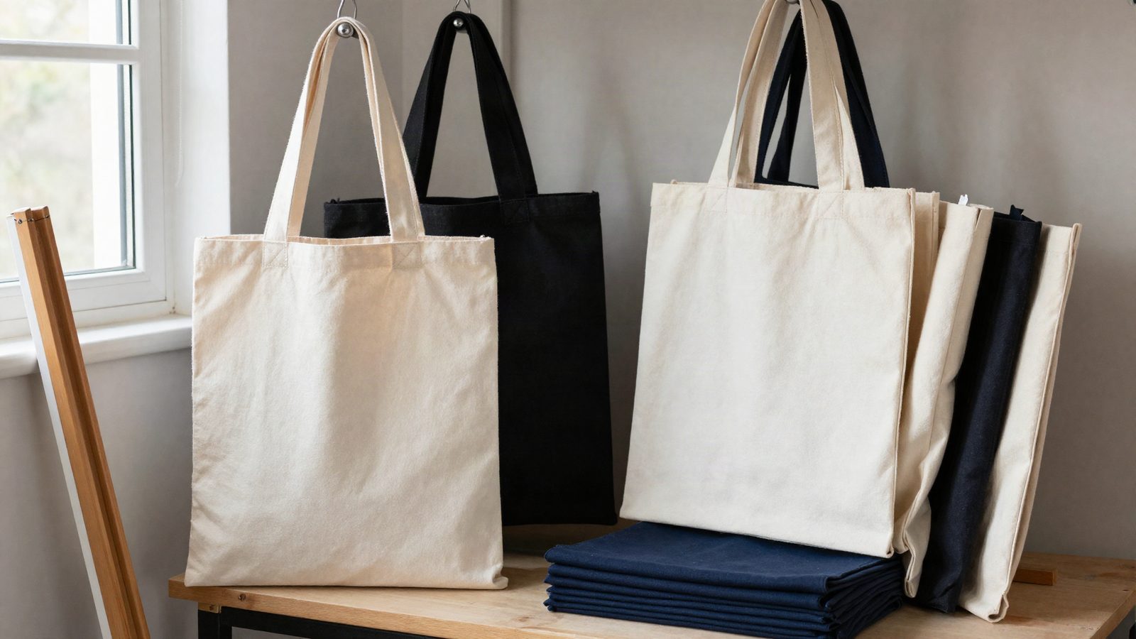 Bolsas de tela de algodon en crudo, negro y azul colgadas en un taller de serigrafia
