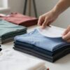 Camisetas en blanco dobladas por colores sobre una mesa de taller junto a una muestra de tela