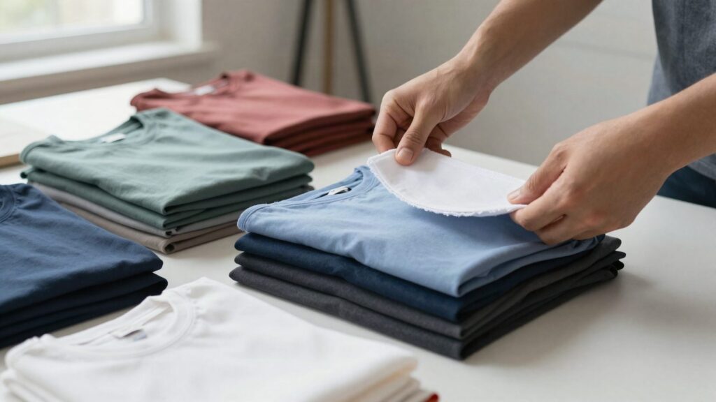 Camisetas en blanco dobladas por colores sobre una mesa de taller junto a una muestra de tela