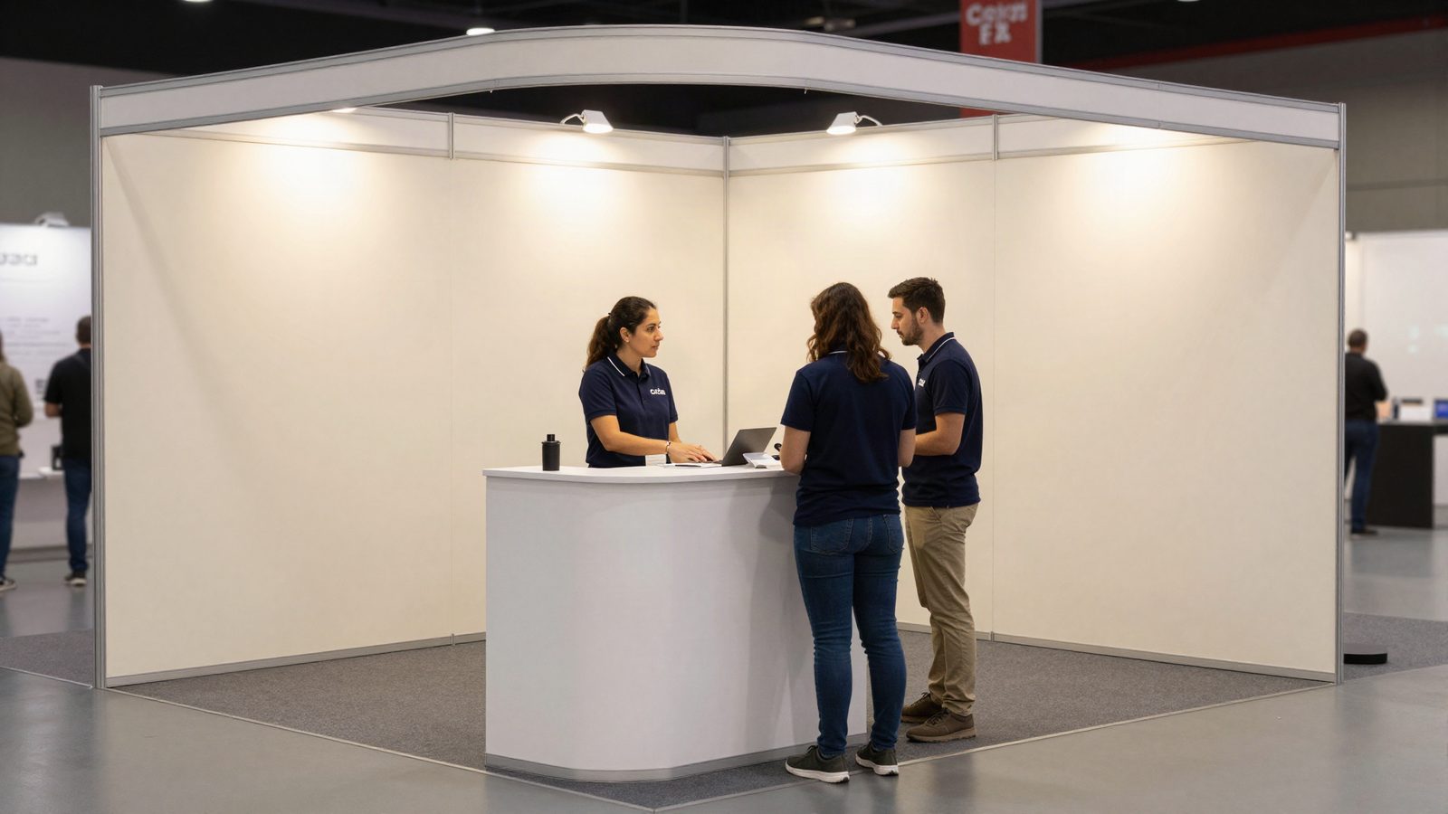 Stand modular de feria con backdrop de tela y mostrador, dos personas atendiendo a un visitante