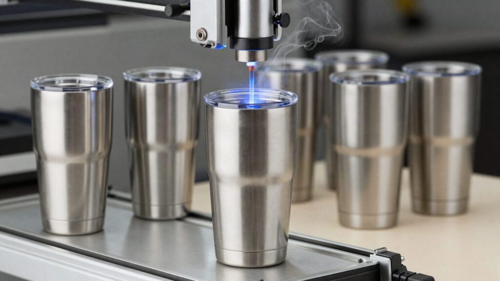 Termo de acero inoxidable en un dispositivo rotativo de grabado laser en un taller