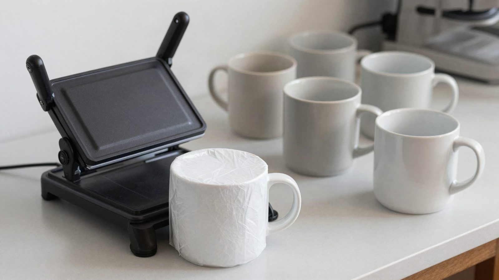 Prensa de tazas cerrada sobre una taza blanca con papel de transferencia en un taller