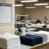 Taller de estampado con un calendario de produccion en la pared, camisetas blancas dobladas en la mesa de trabajo y una maquina de bordado al fondo