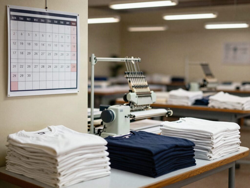 Taller de estampado con un calendario de produccion en la pared, camisetas blancas dobladas en la mesa de trabajo y una maquina de bordado al fondo