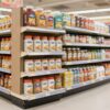 Exhibidor de carton corrugado armado con producto al final de un pasillo de supermercado
