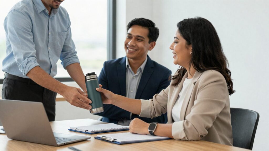 Reunion de negocios donde un proveedor entrega un termo y una libreta de marca a un cliente