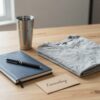 Kit de bienvenida sobre un escritorio de madera: termo de acero, libreta con boligrafo, camiseta doblada y tarjeta con el nombre