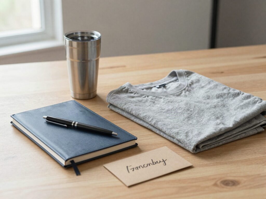 Kit de bienvenida sobre un escritorio de madera: termo de acero, libreta con boligrafo, camiseta doblada y tarjeta con el nombre