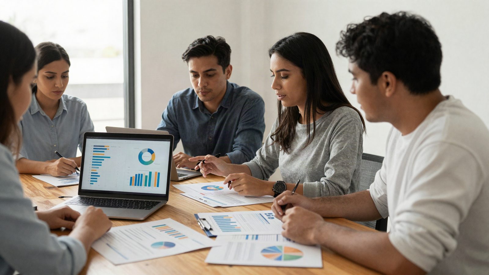 Equipo de marketing revisando datos y reportes impresos en una oficina