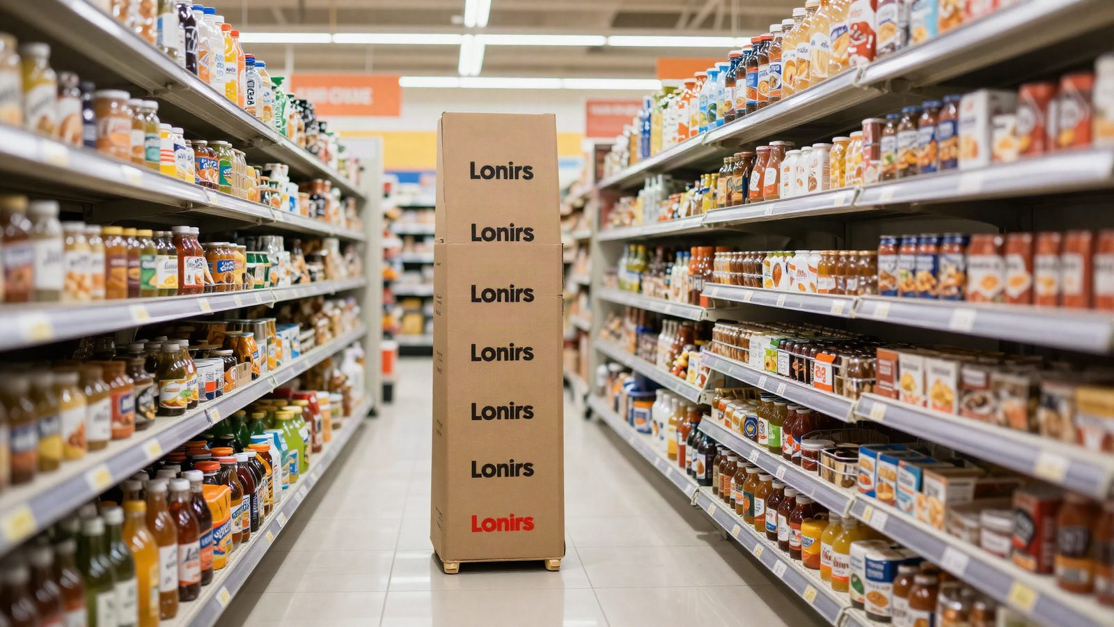 Exhibidores de carton y senalizacion de punto de venta en un pasillo de supermercado