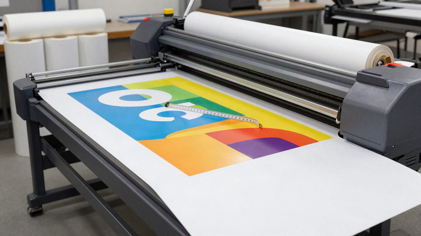 Impresora de gran formato produciendo una lona publicitaria a color junto a rollos de material