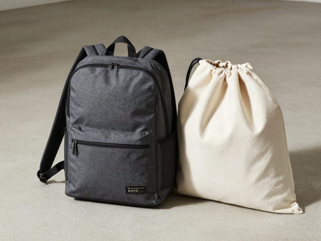 Mochila estructurada de poliester con tiras acolchadas, mochila de cuerdas y bolsa de lona sobre un piso de concreto claro
