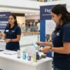 Activacion de marca en un centro comercial con dos promotoras entregando muestras