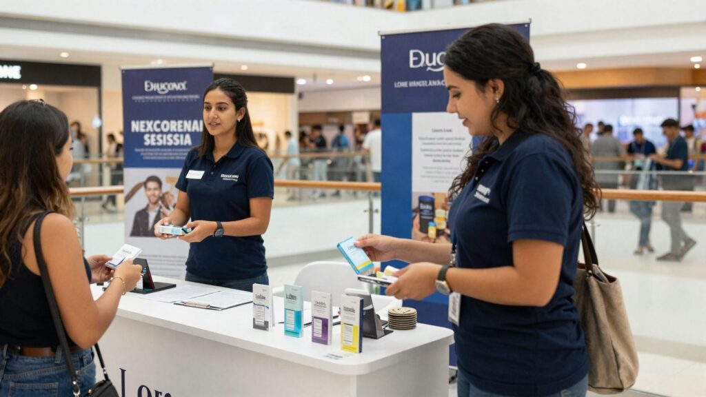 Activacion de marca en un centro comercial con dos promotoras entregando muestras