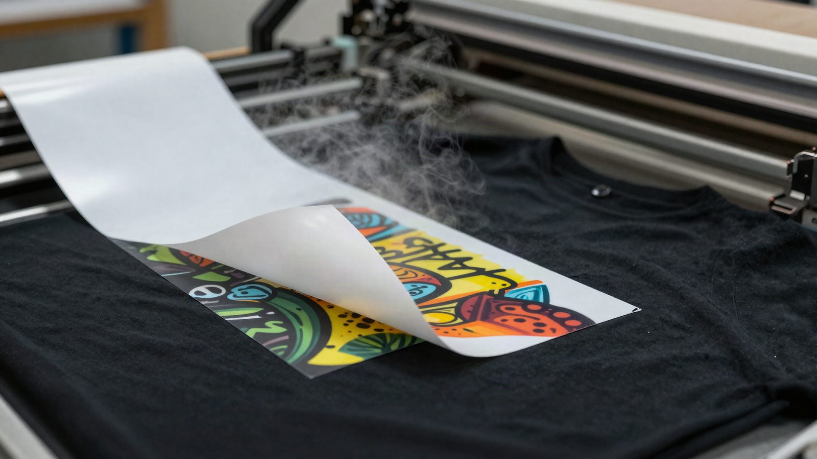 Pelicula de transferencia DTF retirandose de una camiseta negra sobre la plancha termica