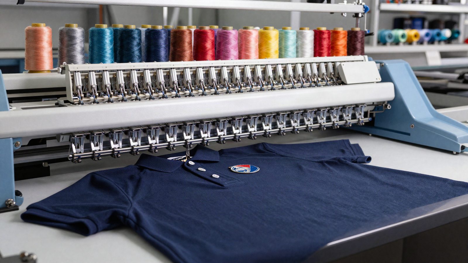 Maquina bordadora industrial cosiendo un emblema sobre un polo azul marino