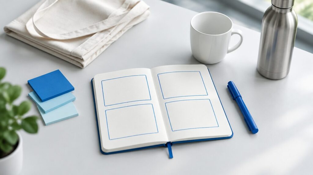 Escritorio con libreta de plan de marketing, marcador, taza, termo y bolsa de tela