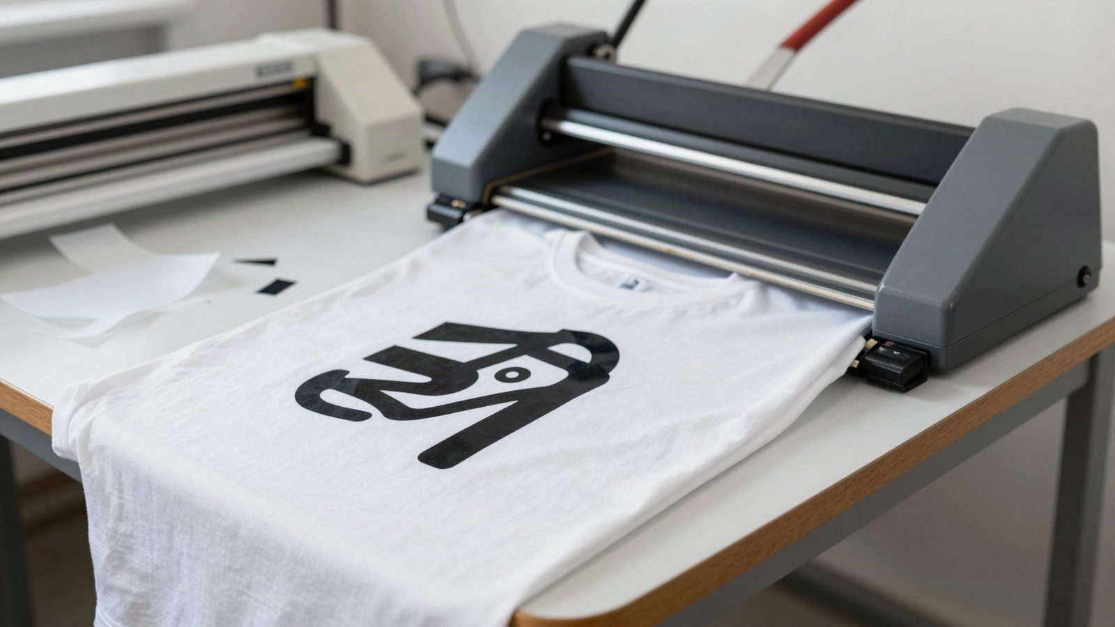 Plancha termica aplicando vinil de corte sobre una camiseta blanca en un taller