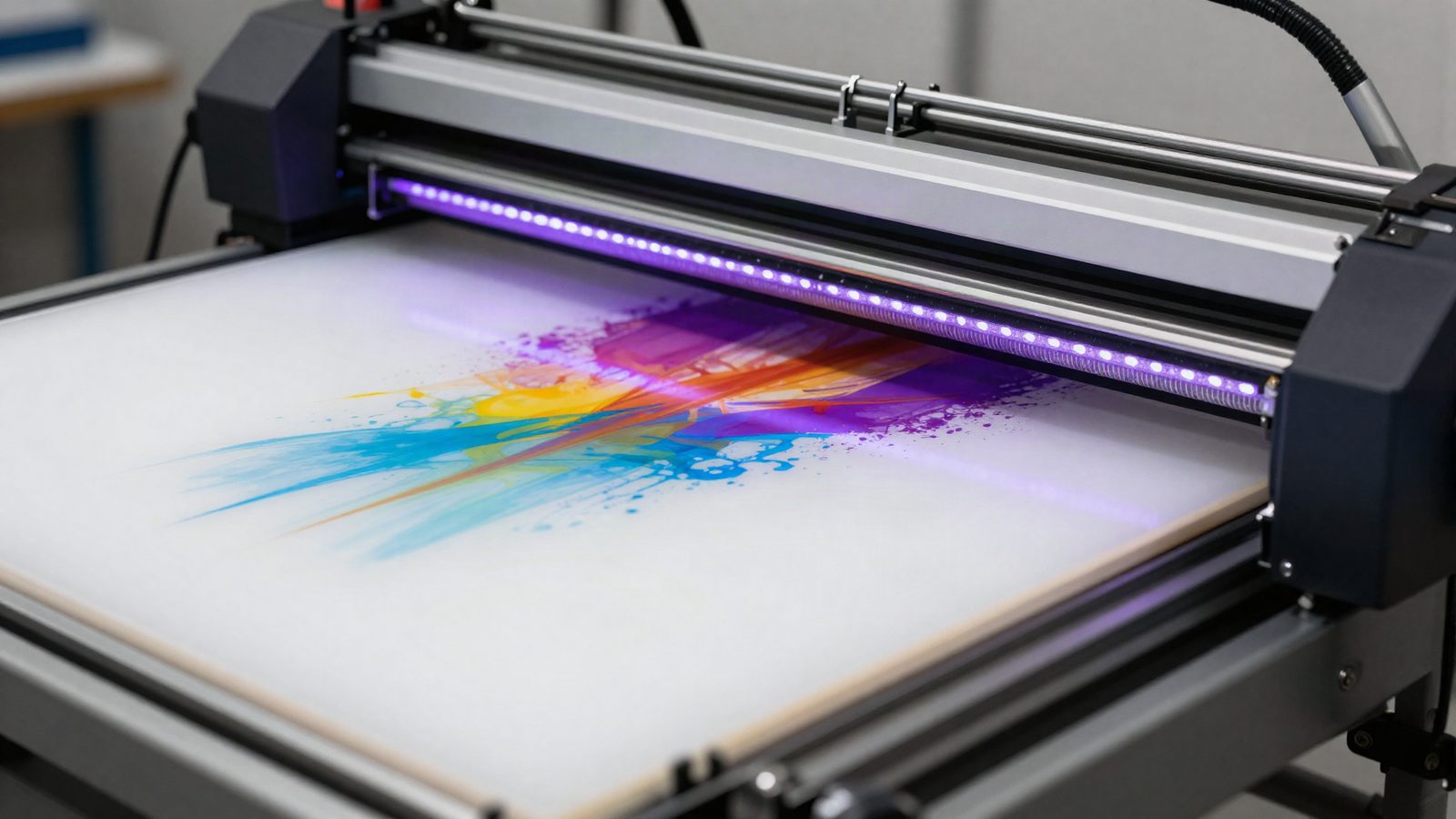 Impresora UV plana imprimiendo a todo color sobre una plancha rigida de acrilico