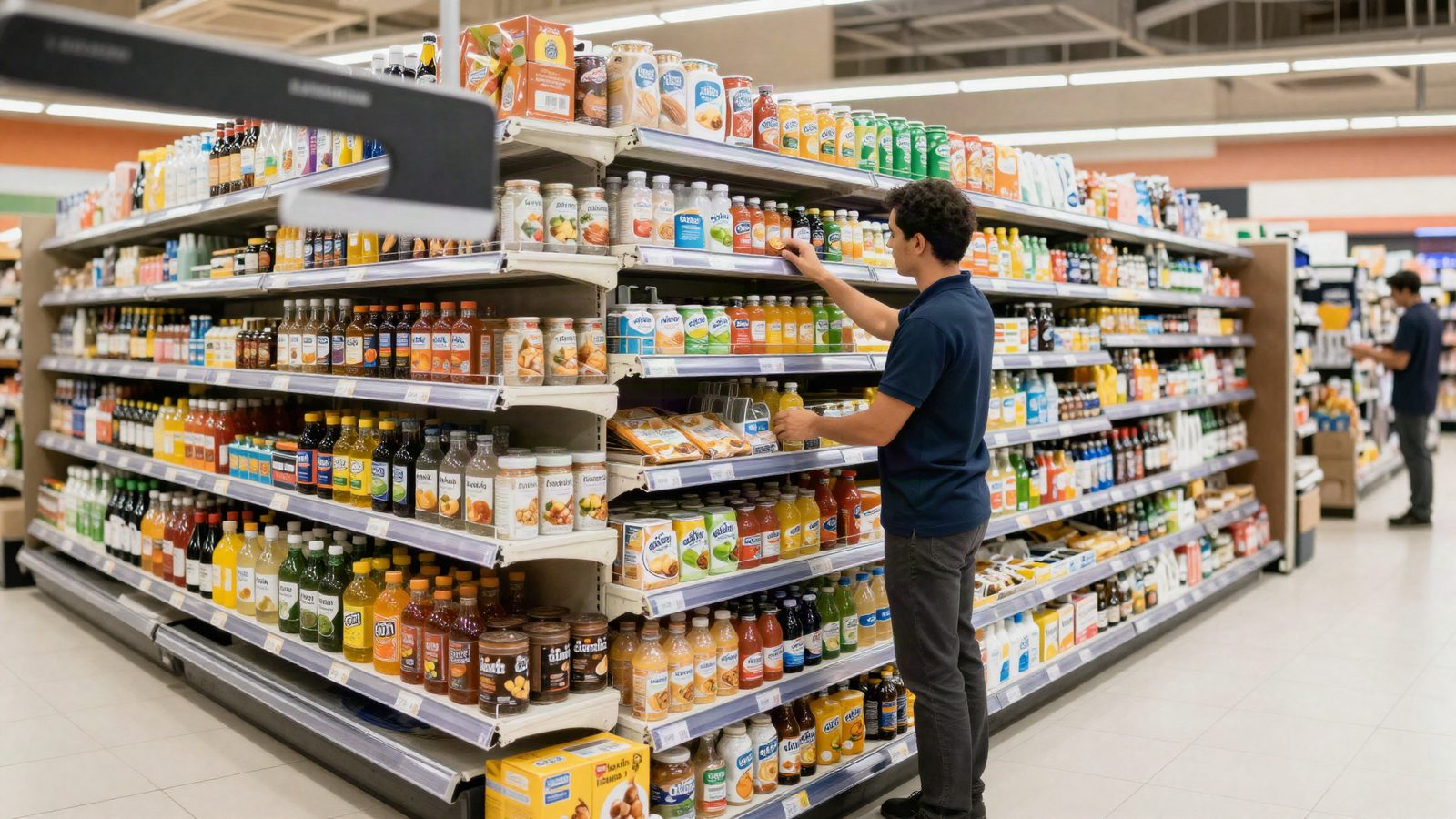 Pasillo de supermercado con producto ordenado en el lineal y personal reponiendo