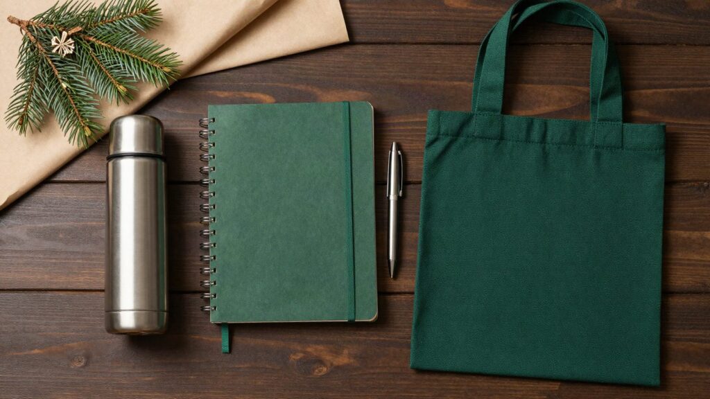 Set de regalo corporativo de fin de ano sobre un escritorio: termo de acero, libreta, boligrafo y tote bag