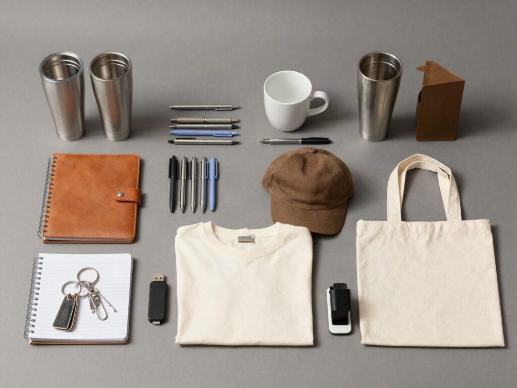 Familias de articulos promocionales agrupadas: termos y tazas, lapiceros, libreta y portafolio, camiseta y gorra, bolsa de tela, llaveros y articulos de tecnologia