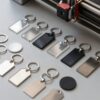 Llaveros en blanco de acrilico, metal, cuero y goma sobre una mesa de taller