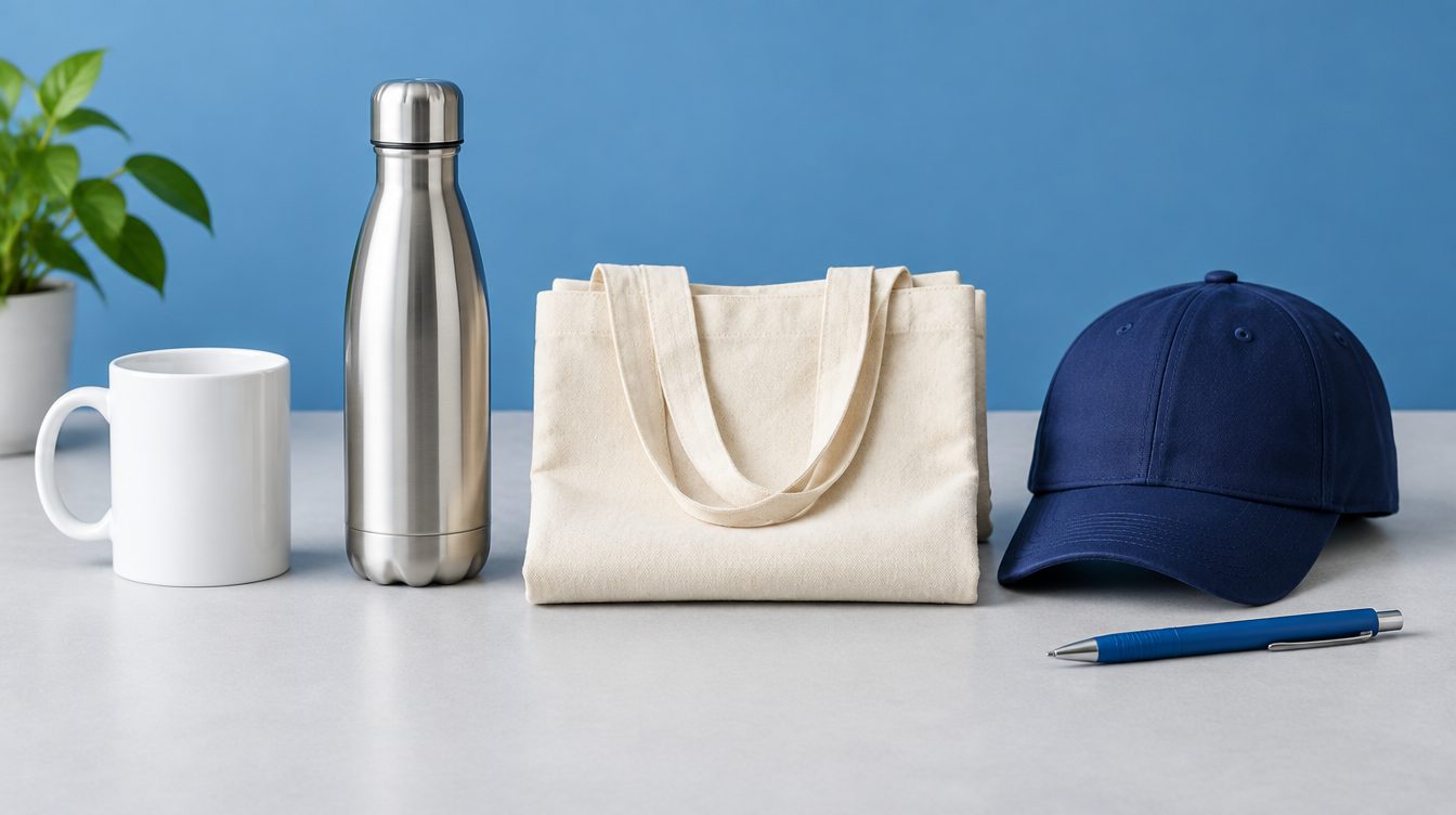 Taza, termo, bolsa de tela, gorra y bolígrafo sin logo listos para personalizar