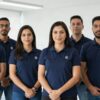 Equipo de trabajo con polos corporativos azul marino iguales en una oficina