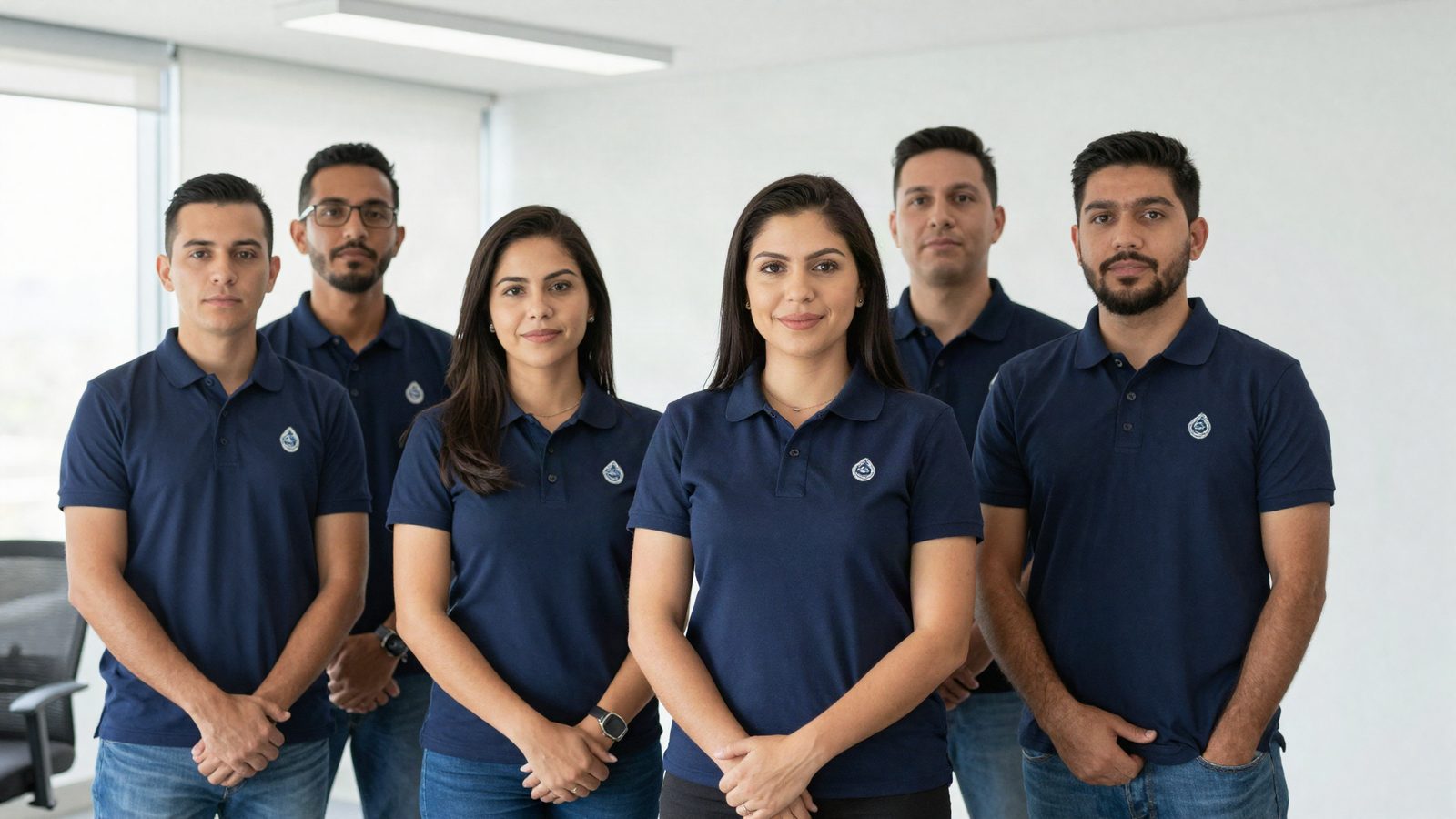 Equipo de trabajo con polos corporativos azul marino iguales en una oficina